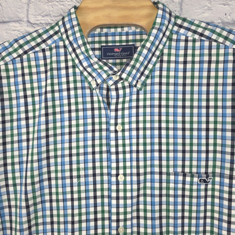 Vineyard Vines Mens Blue Green Gingham Check Stretch Button Down Shirt 4XB BIG